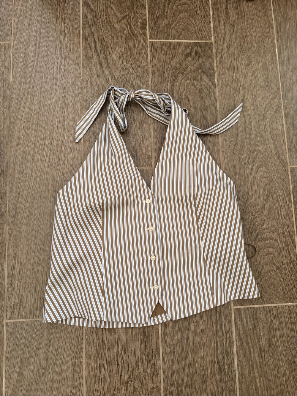 Zara White and Tan Striped Halter Button-Front Top